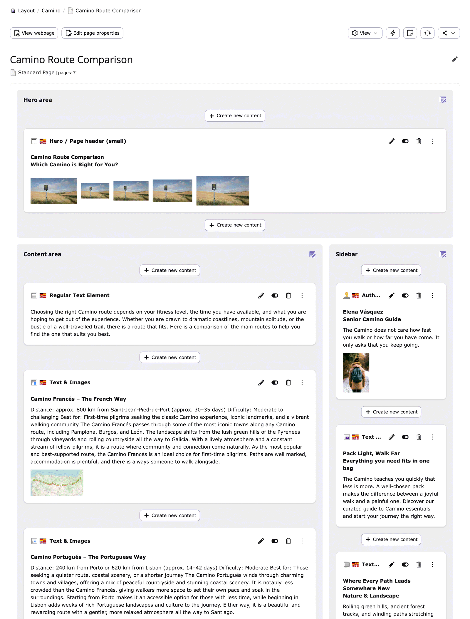 Das TYPO3-Seitenmodul einer Camino-Seite mit Caminos eigenen Vorschauen: Hero mit Crop-Thumbnails, Textelement als Fließtext, Text mit Bild als Textblock mit kleinem Kartenbild, rechts die Seitenspalte mit Autor und Textteaser als Text