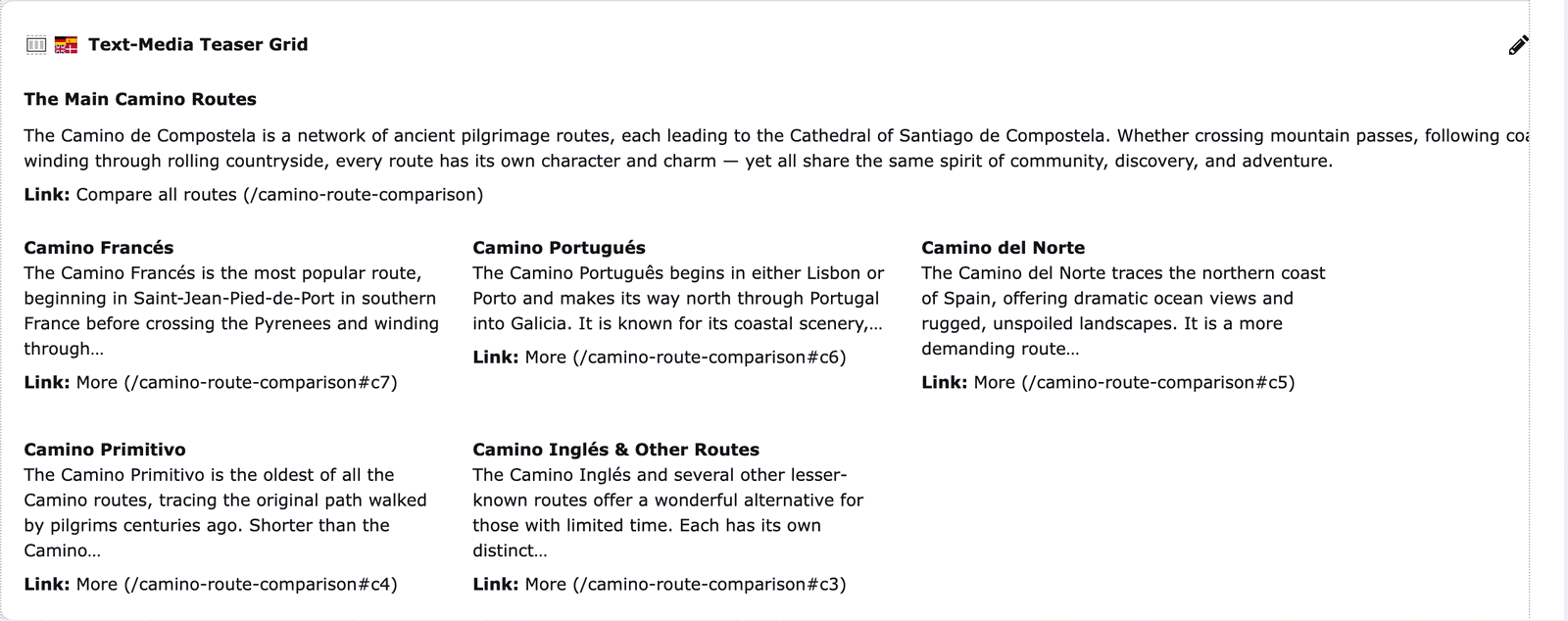 Camino-Vorschau eines Text-Media-Teaser-Grids: Überschrift, Einleitungstext, Link-Zeile und fünf Teaser als schlichte Textblöcke in drei Spalten