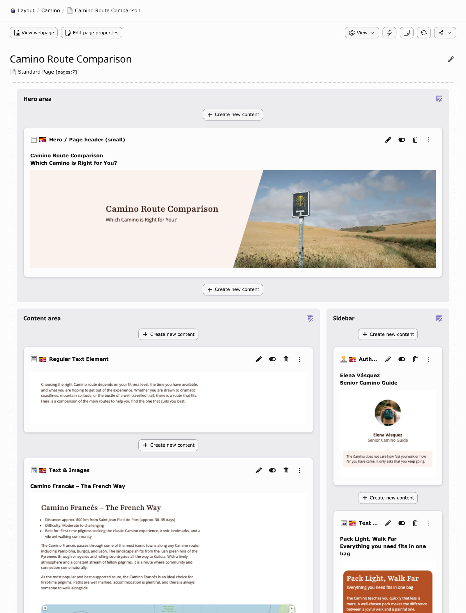 Dasselbe Seitenmodul mit Look: Hero mit Foto und Überschrift, Textelement im Frontend-Layout, Text mit Bild mit Aufzählung und Landkarte, rechts die Seitenspalte mit Autorenkarte und farbigem Textteaser