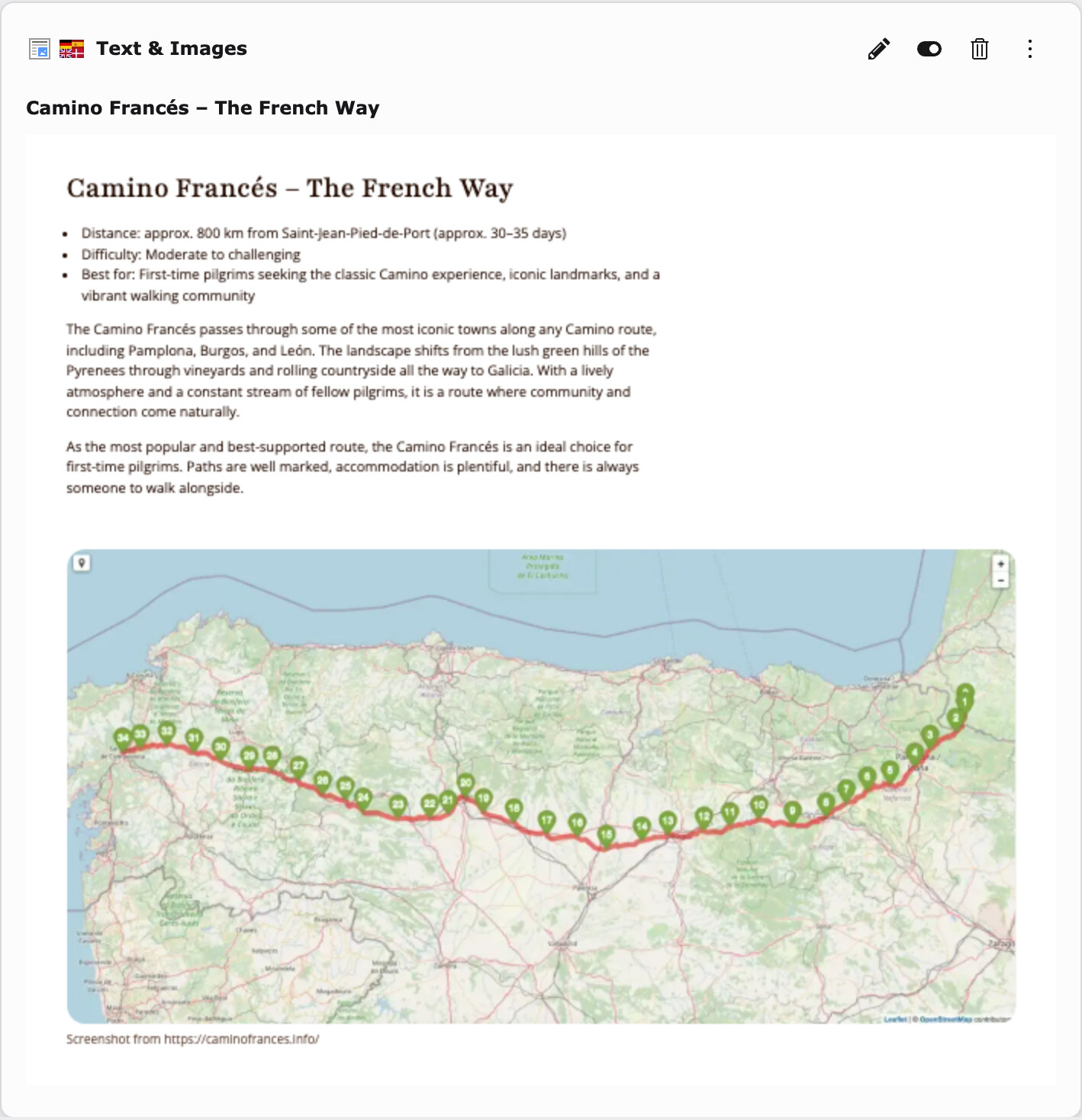 Look-Vorschau desselben Elements: Serifen-Überschrift, Aufzählung mit Distanz, Schwierigkeit und Zielgruppe, zwei Absätze und darunter die Landkarte des Camino Francés in voller Breite