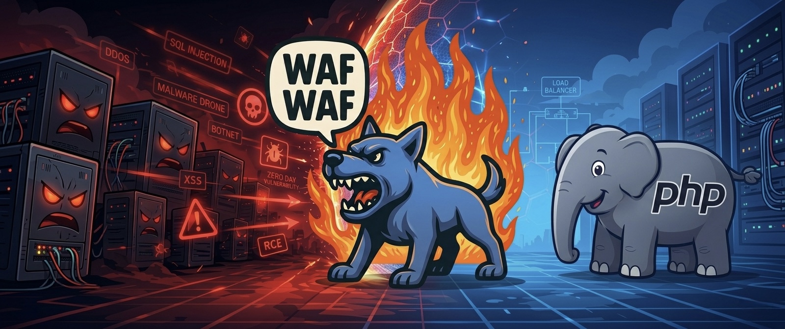 Illustration: Der Phirewall-Hund bellt "WAF WAF" und schirmt eine PHP-Anwendung (Elefant) vor Angriffen wie DDoS, SQL Injection, XSS und RCE ab.